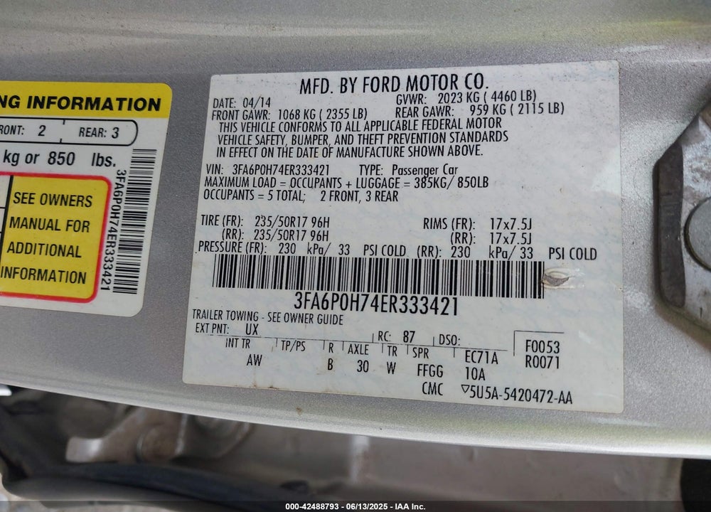 2014 FORD FUSION VIN: 3FA6P0H74ER333421