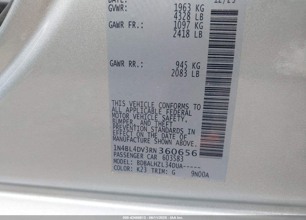 2024 NISSAN ALTIMA SV FWD VIN: 1N4BL4DV3RN360656