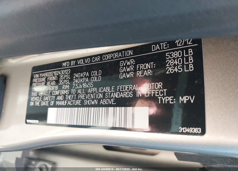 2013 VOLVO XC60 VIN: YV4902DZ1D2430123