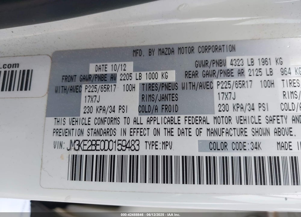 2013 MAZDA CX-5 SPORT VIN: JM3KE2BE0D0159483