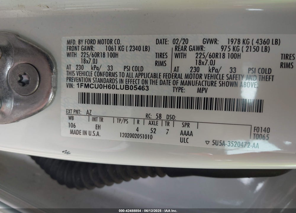2020 FORD ESCAPE VIN: 1FMCU0H60LUB05463