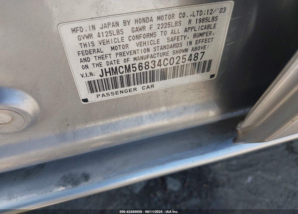 2004 HONDA ACCORD 2.4 EX VIN: JHMCM56834C025487