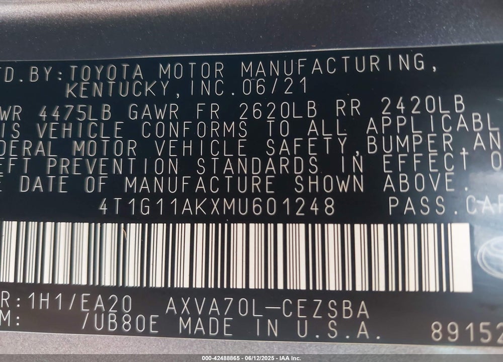 2021 TOYOTA CAMRY VIN: 4T1G11AKXMU601248
