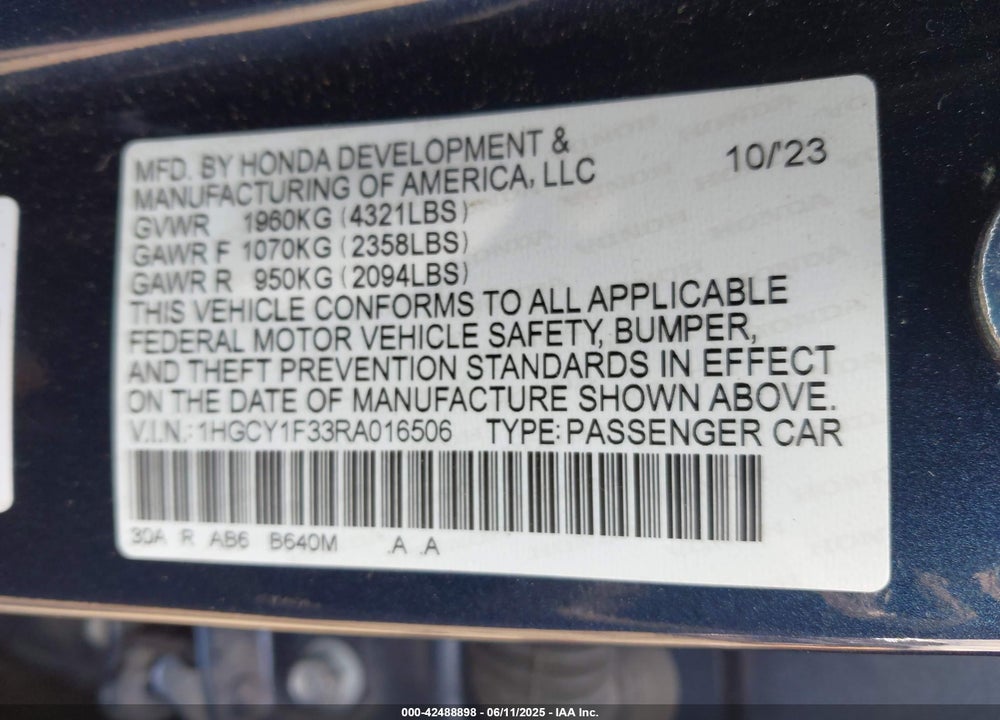 2024 HONDA ACCORD VIN: 1HGCY1F33RA016506