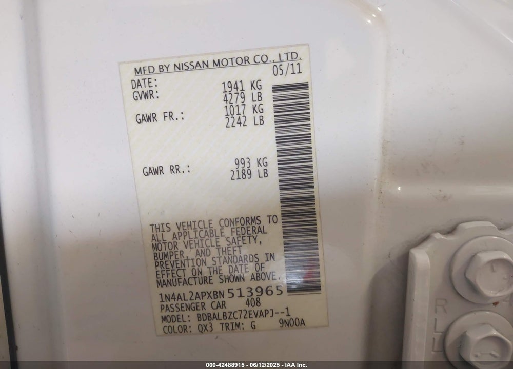 2011 NISSAN ALTIMA VIN: 1N4AL2APXBN513965