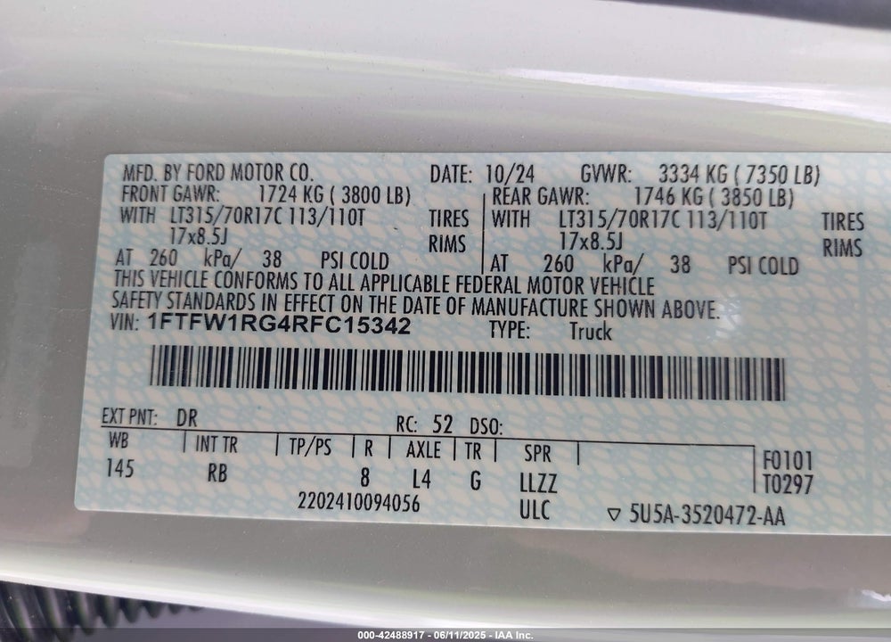 2024 FORD F-150 RAPTOR VIN: 1FTFW1RG4RFC15342
