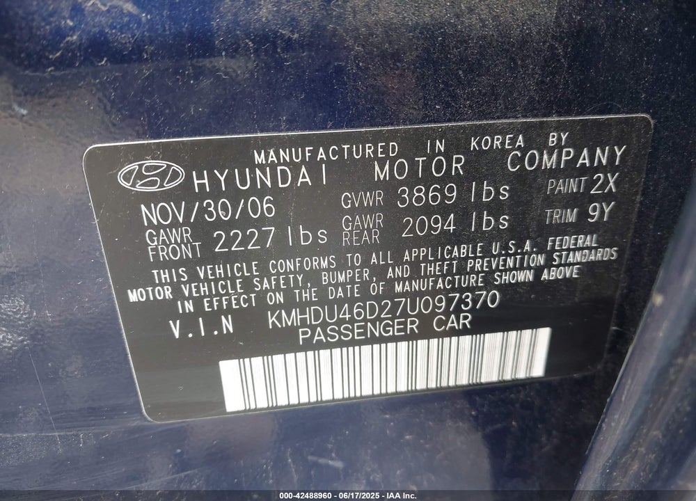 2007 HYUNDAI ELANTRA GLS/LIMITED/SE VIN: KMHDU46D27U097370