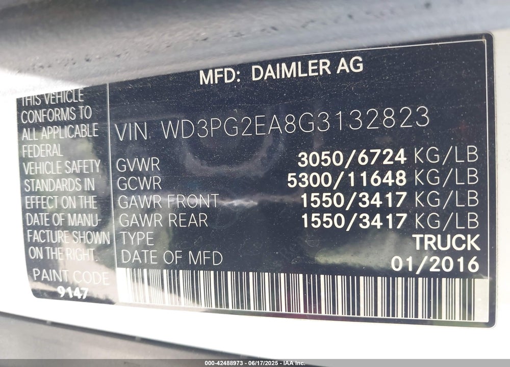 2016 MERCEDES-BENZ METRIS VIN: WD3PG2EA8G3132823