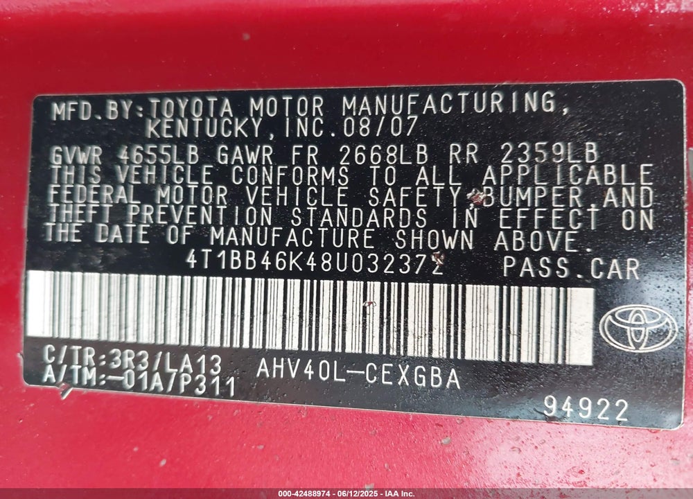 2008 TOYOTA CAMRY HYBRID VIN: 4T1BB46K48U032372
