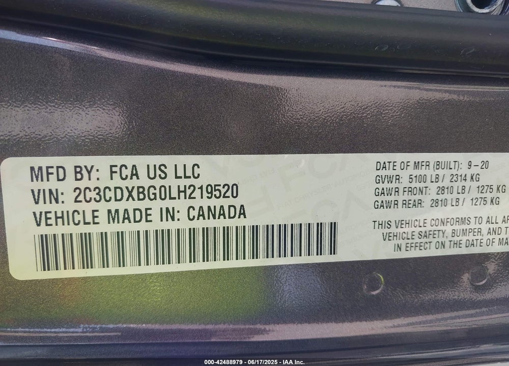 2020 DODGE CHARGER VIN: 2C3CDXBG0LH219520