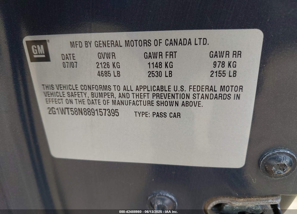 2008 CHEVROLET IMPALA LT VIN: 2G1WT58N889157395