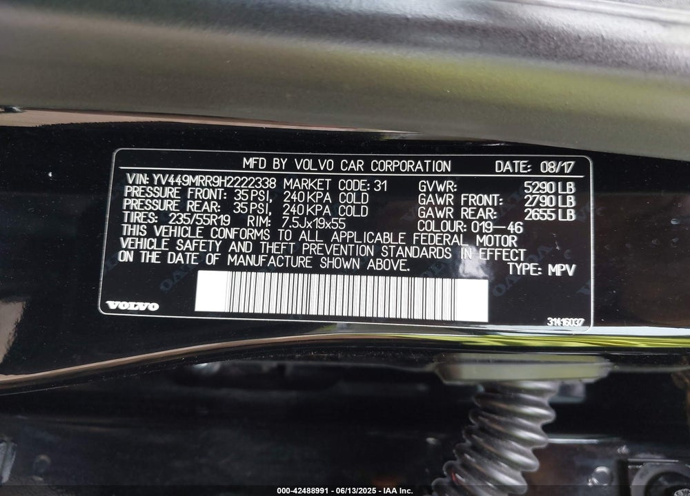 2017 VOLVO XC60 VIN: YV449MRR9H2222338