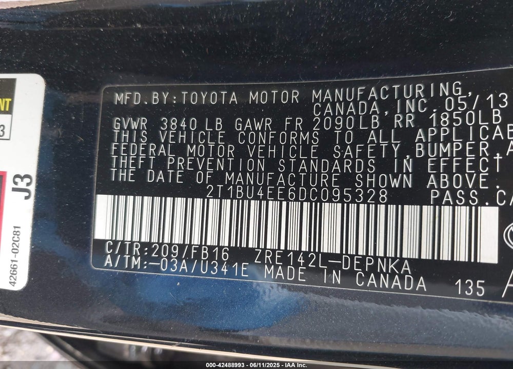 2013 TOYOTA COROLLA VIN: 2T1BU4EE6DC095328
