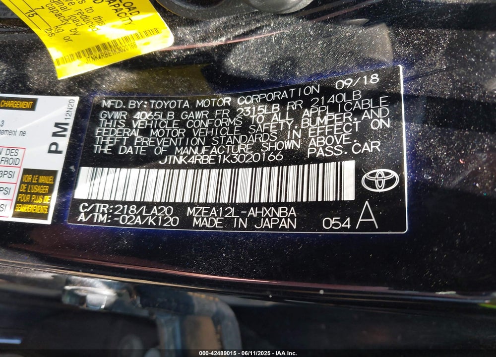 2019 TOYOTA COROLLA VIN: JTNK4RBE1K3020166