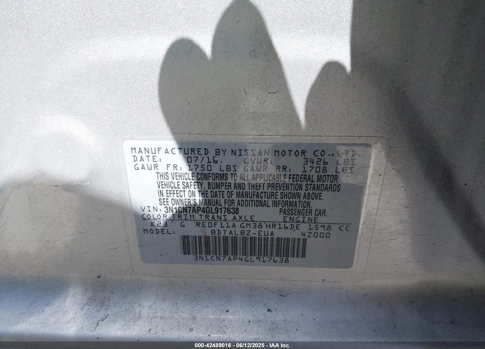 2016 NISSAN VERSA VIN: 3N1CN7AP4GL917638