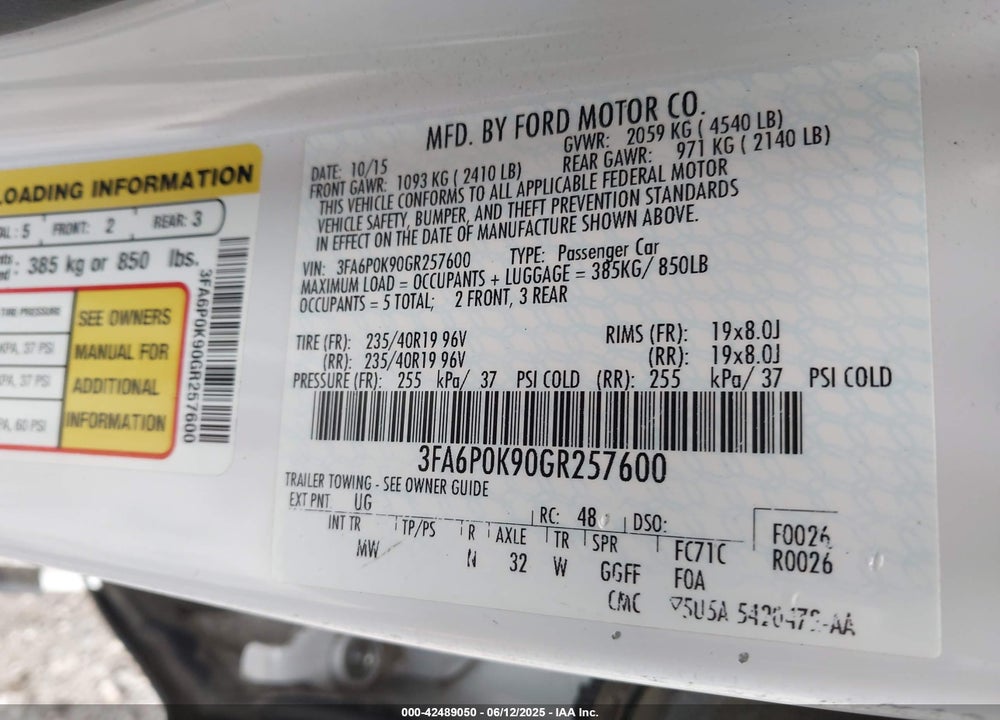 2016 FORD FUSION VIN: 3FA6P0K90GR257600