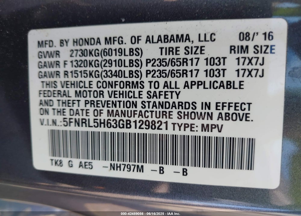 2016 HONDA ODYSSEY EX-L VIN: 5FNRL5H63GB129821