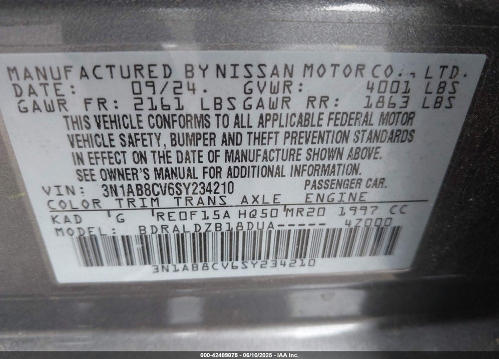 2025 NISSAN SENTRA SV VIN: 3N1AB8CV6SY234210