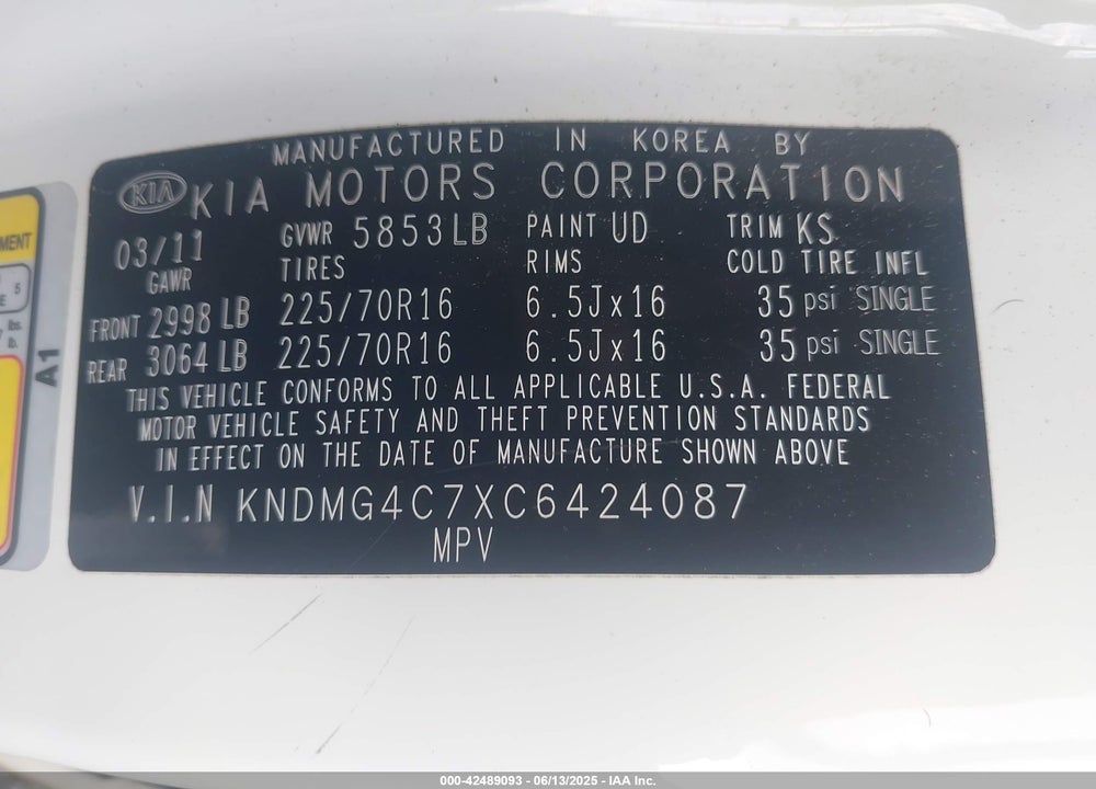 2012 KIA SEDONA LX VIN: KNDMG4C7XC6424087