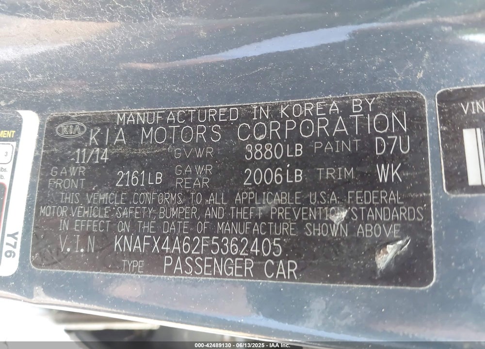 2015 KIA FORTE LX VIN: KNAFX4A62F5362405