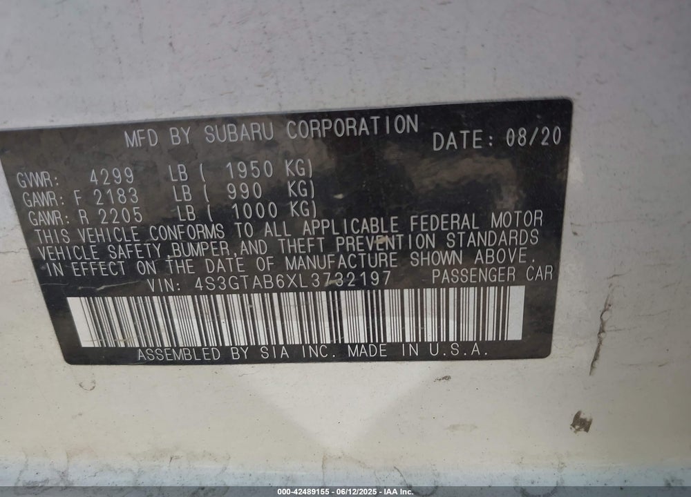 2020 SUBARU IMPREZA VIN: 4S3GTAB6XL3732197