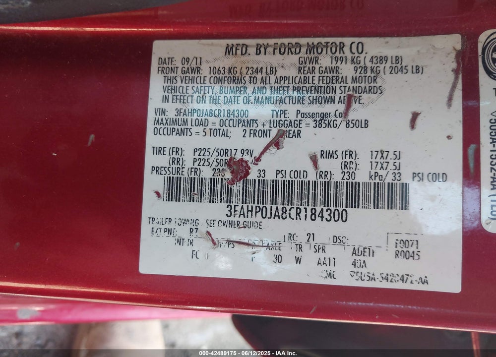 2012 FORD FUSION SEL VIN: 3FAHP0JA8CR184300