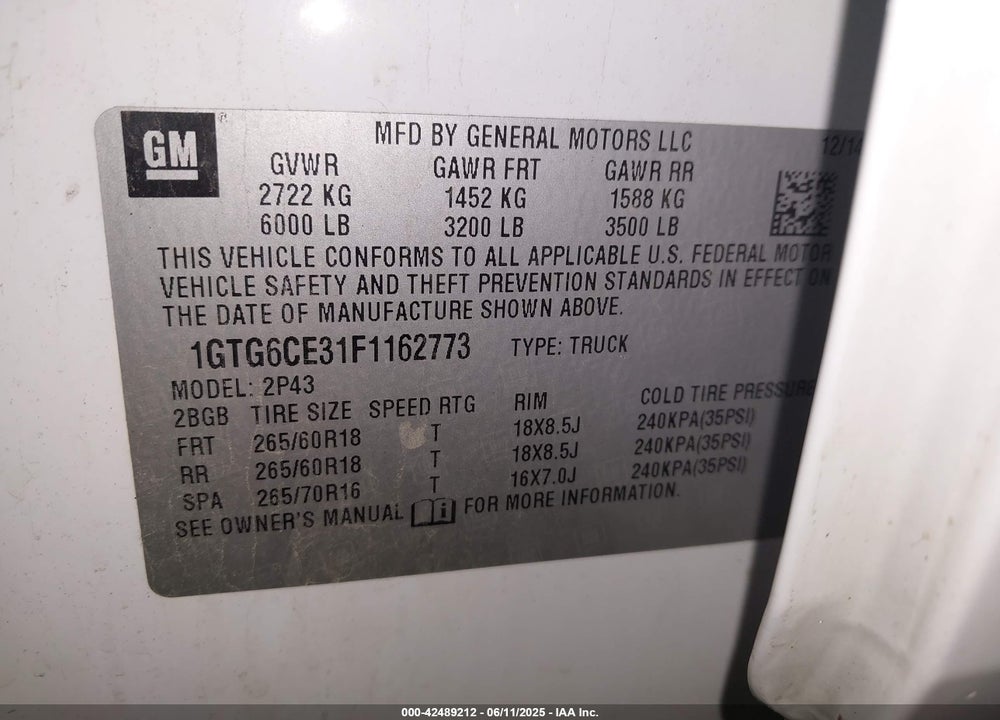 2015 GMC CANYON SLT VIN: 1GTG6CE31F1162773