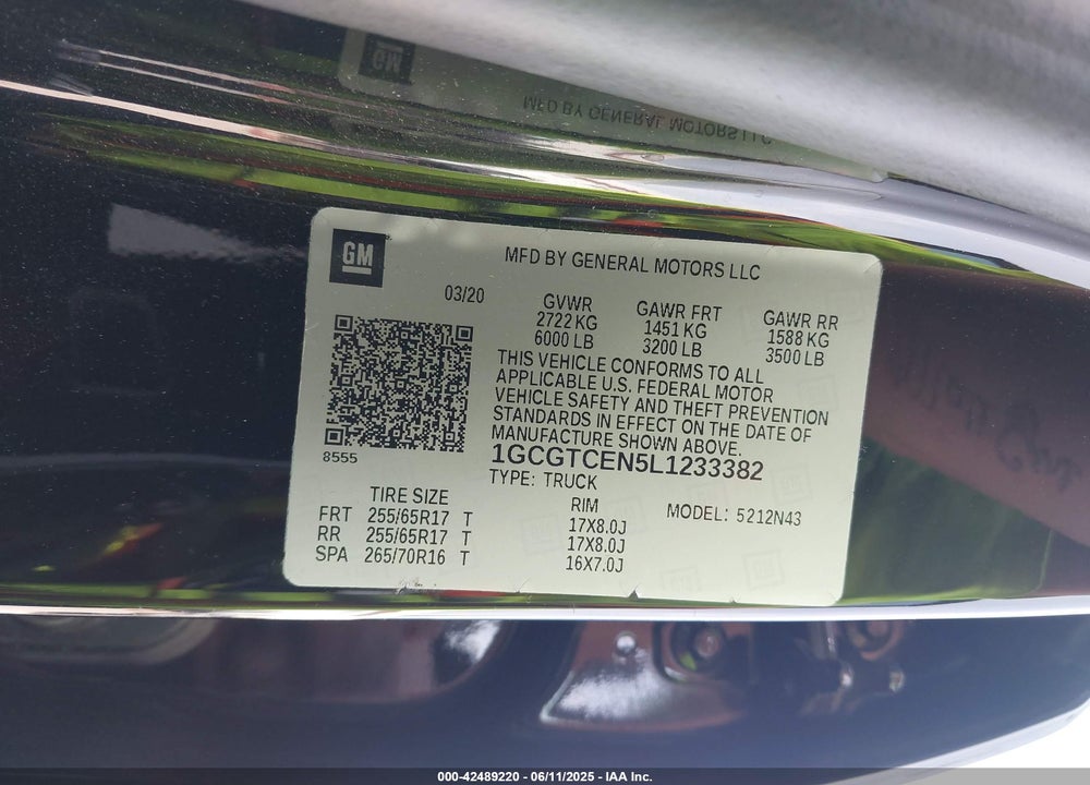 2020 CHEVROLET COLORADO 4WD SHORT BOX LT VIN: 1GCGTCEN5L1233382