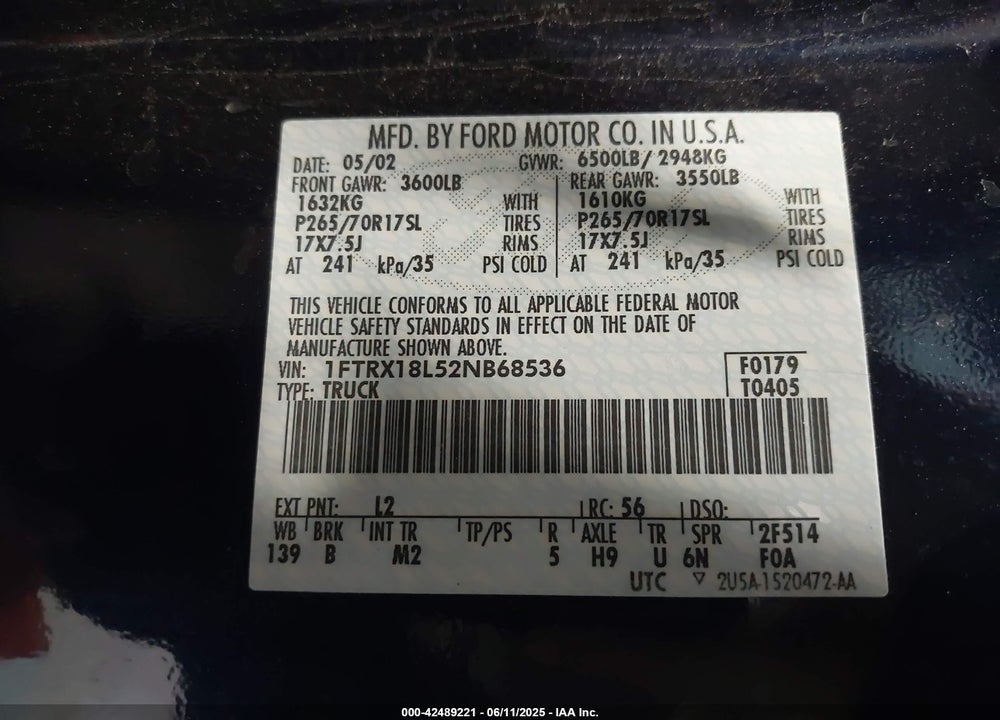 2002 FORD F-150 LARIAT/XL/XLT VIN: 1FTRX18L52NB68536