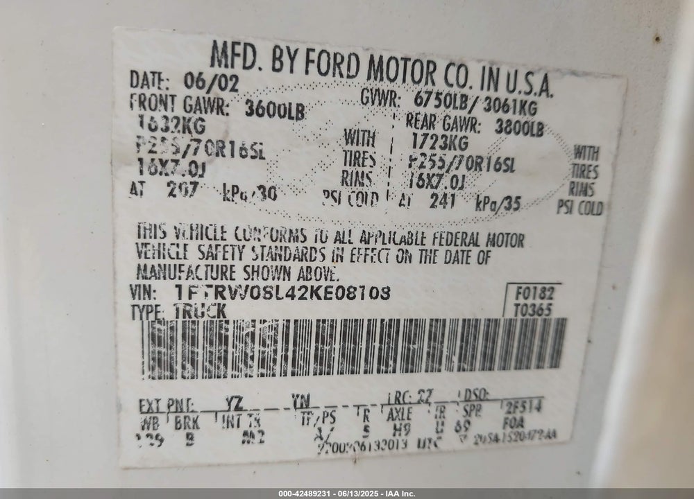 2002 FORD F-150 LARIAT/XLT VIN: 1FTRW08L42KE08108