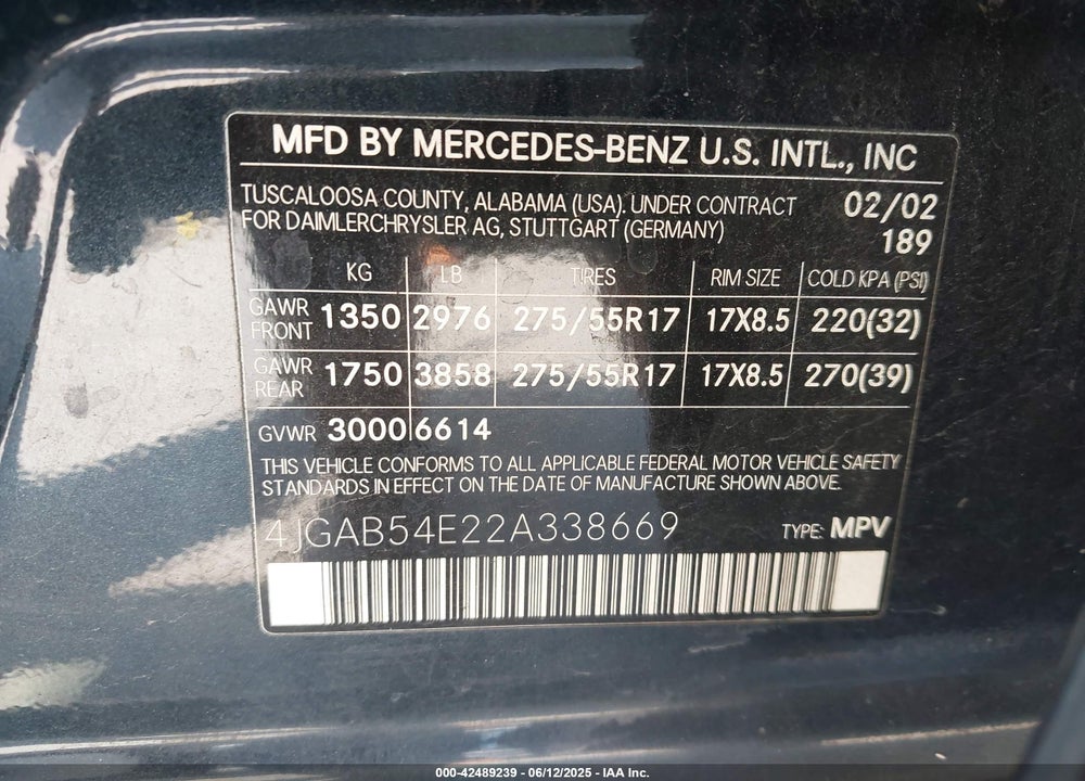 2002 MERCEDES-BENZ ML 320 VIN: 4JGAB54E22A338669