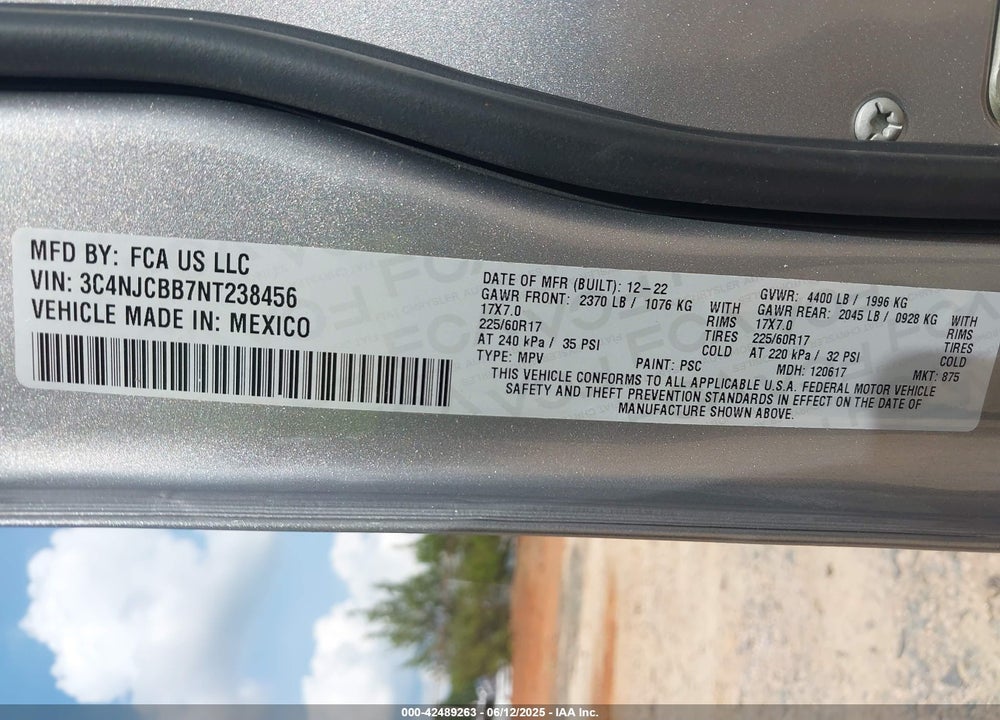 2022 JEEP COMPASS VIN: 3C4NJCBB7NT238456