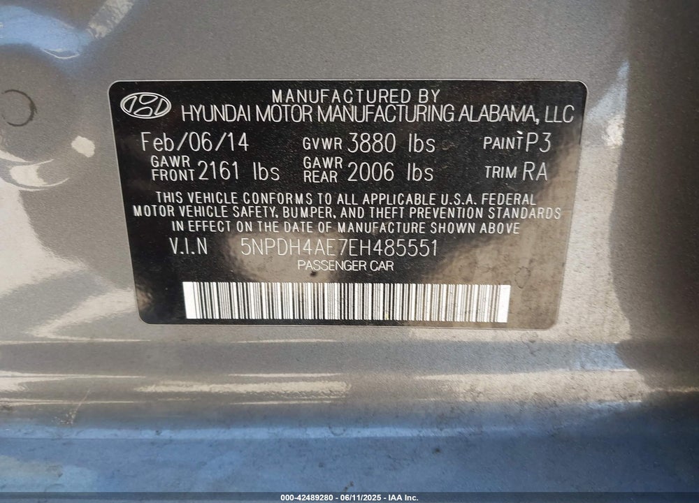 2014 HYUNDAI ELANTRA SE VIN: 5NPDH4AE7EH485551