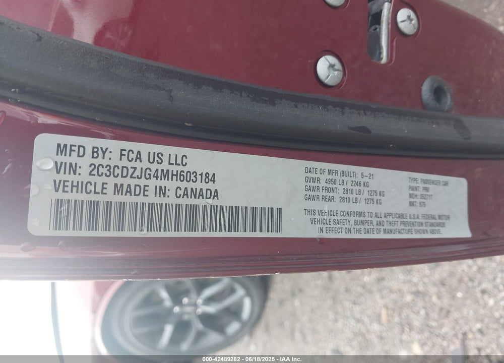 2021 DODGE CHALLENGER VIN: 2C3CDZJG4MH603184