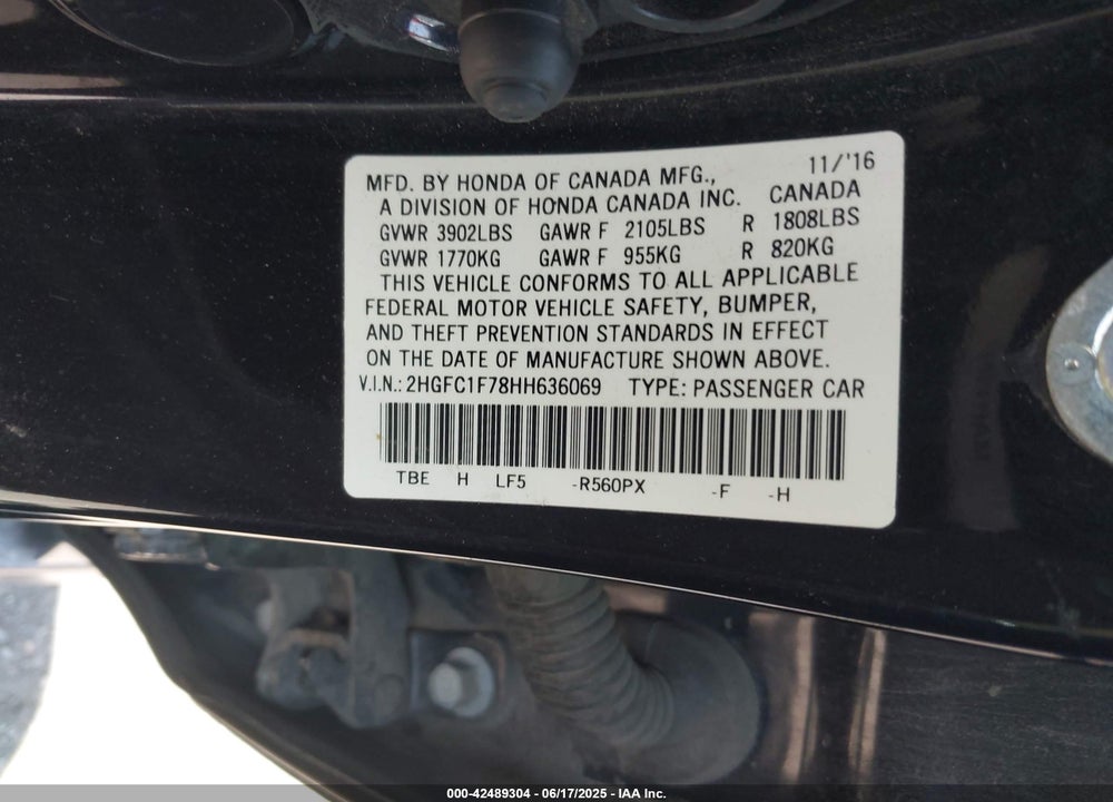 2017 HONDA CIVIC EX-L VIN: 2HGFC1F78HH636069
