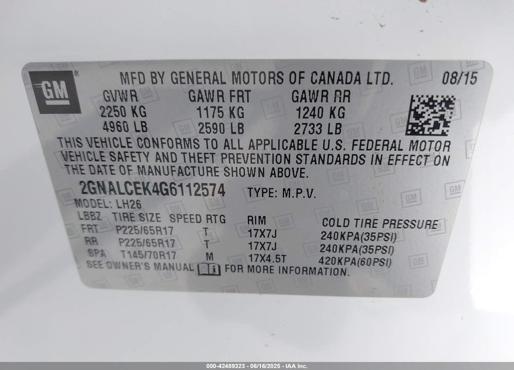 2016 CHEVROLET EQUINOX LT VIN: 2GNALCEK4G6112574