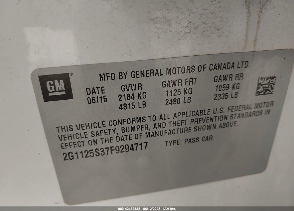 2015 CHEVROLET IMPALA VIN: 2G1125S37F9294717
