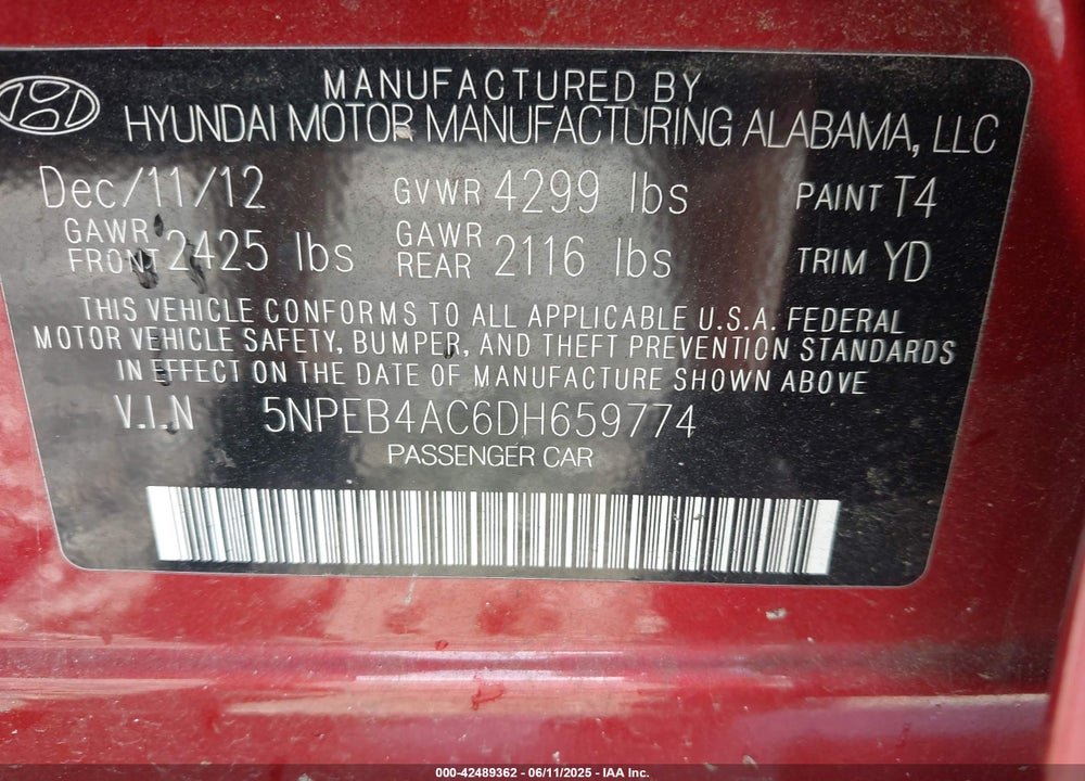 2013 HYUNDAI SONATA GLS VIN: 5NPEB4AC6DH659774