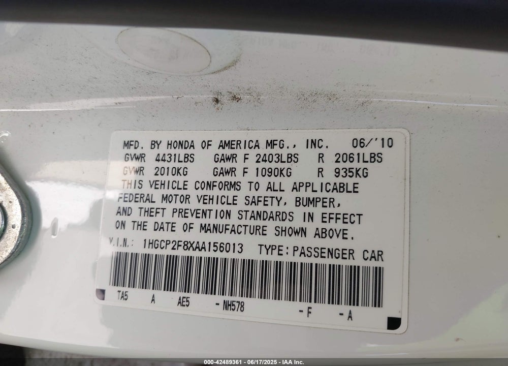 2010 HONDA ACCORD 2.4 EX-L VIN: 1HGCP2F8XAA156013