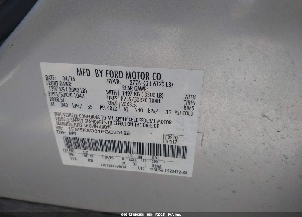 2015 FORD EXPLORER VIN: 1FM5K8D81FGC60126