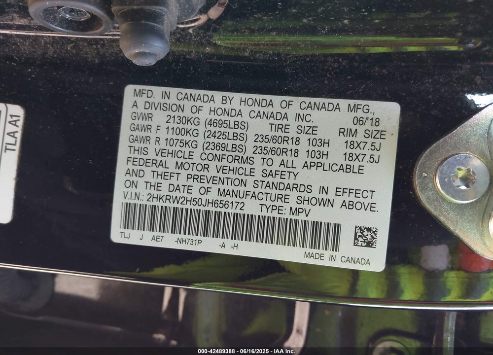 2018 HONDA CR-V VIN: 2HKRW2H50JH656172