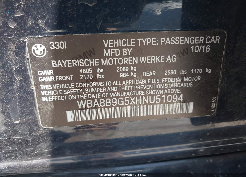 2017 BMW 3 SERIES VIN: WBA8B9G5XHNU51094