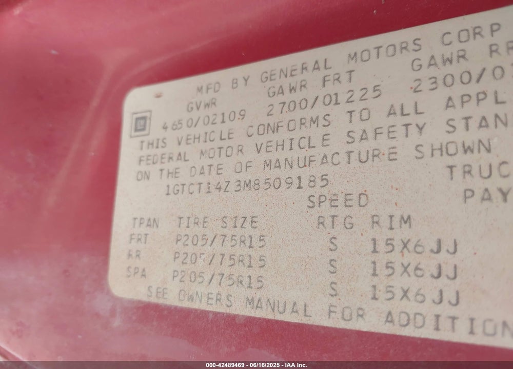 1991 GMC SONOMA VIN: 1GTCT14Z3M8509185