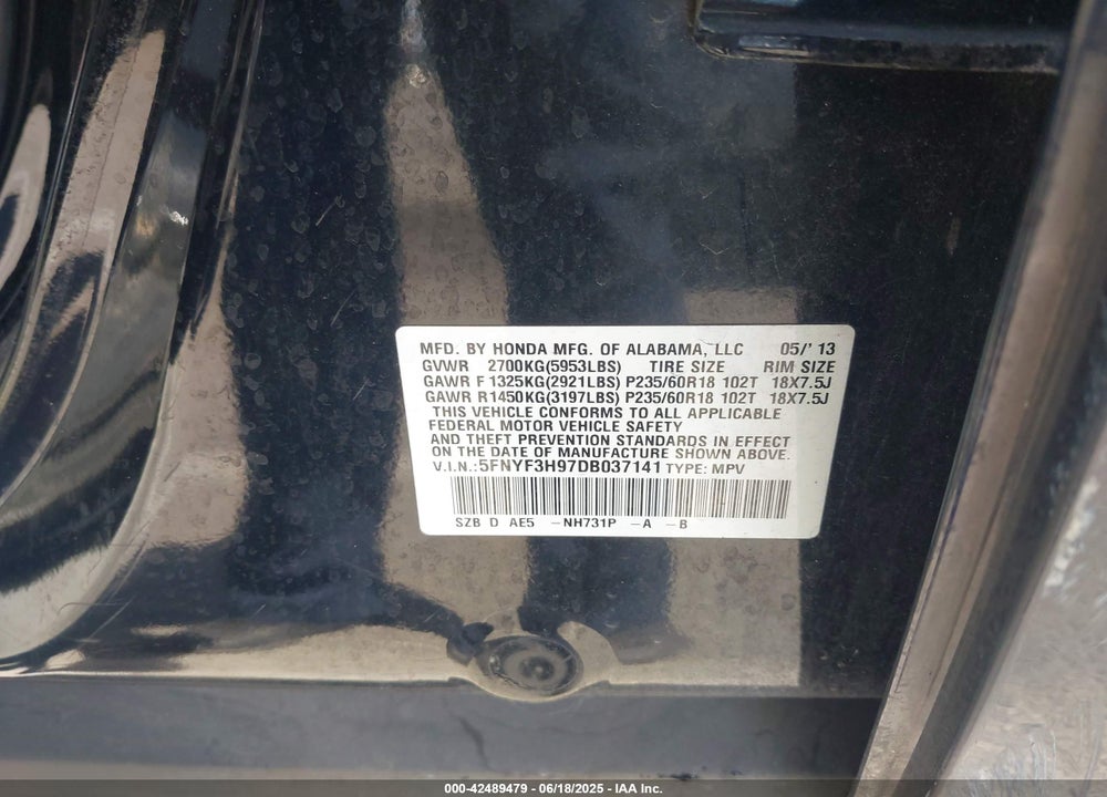 2013 HONDA PILOT TOURING VIN: 5FNYF3H97DB037141