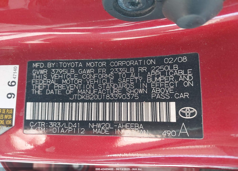 2008 TOYOTA PRIUS VIN: JTDKB20U183390375