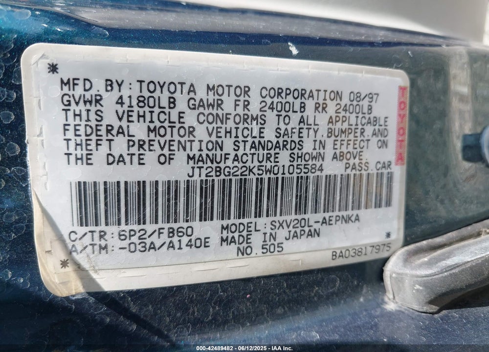 1998 TOYOTA CAMRY LE VIN: JT2BG22K5W0105584