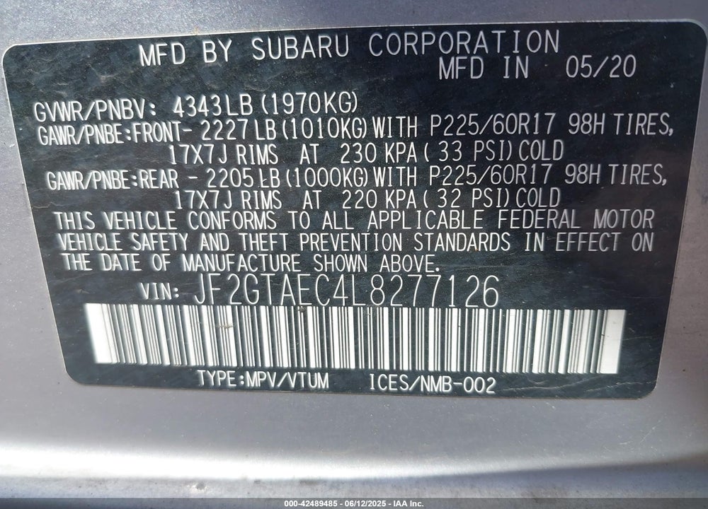2020 SUBARU CROSSTREK VIN: JF2GTAEC4L8277126