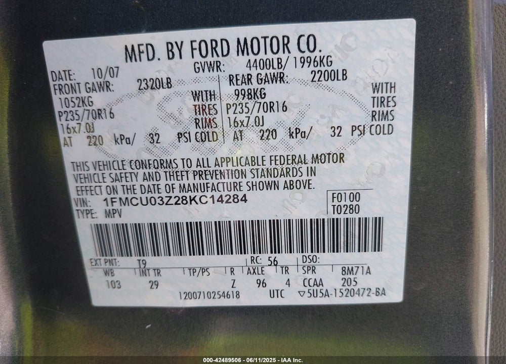 2008 FORD ESCAPE XLT VIN: 1FMCU03Z28KC14284