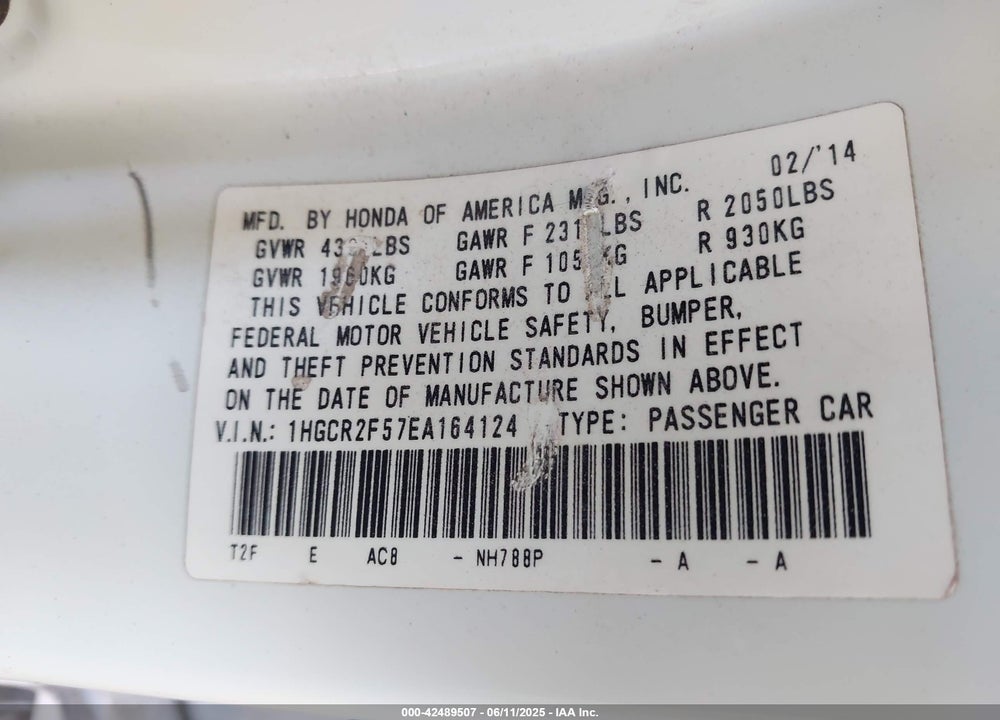 2014 HONDA ACCORD VIN: 1HGCR2F57EA164124