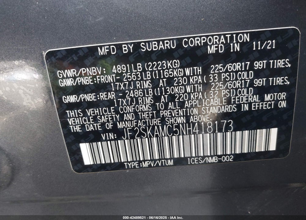 2022 SUBARU FORESTER WILDERNESS VIN: JF2SKAMC5NH418173